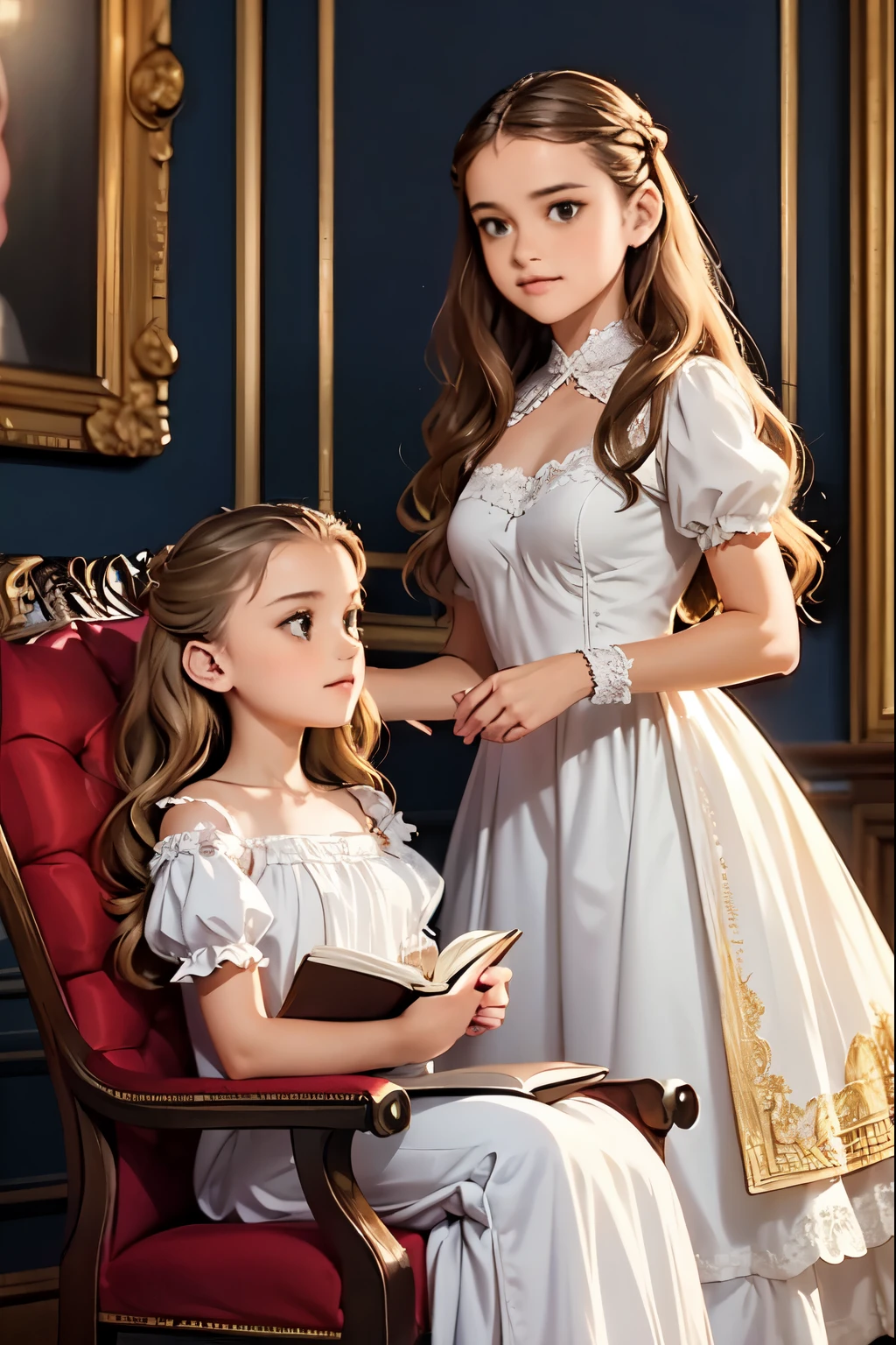A warm, golden light illuminates a cozy parlour setting in the Victorian era. Three normal young girls, dressed in frilly, high-necked gowns and puffed sleeves, sit together on a plush armchair. The eldest, with curly brown locks, holds a worn leather-bound book, while her companions, sporting matching blonde ringlets, gaze up at her with admiration. The backdrop is a rich, dark wood paneling, adorned with ornate mirrors and intricately carved furniture. Soft, gentle shadows dance across the scene as the girls' laughter and whispers fill the air.