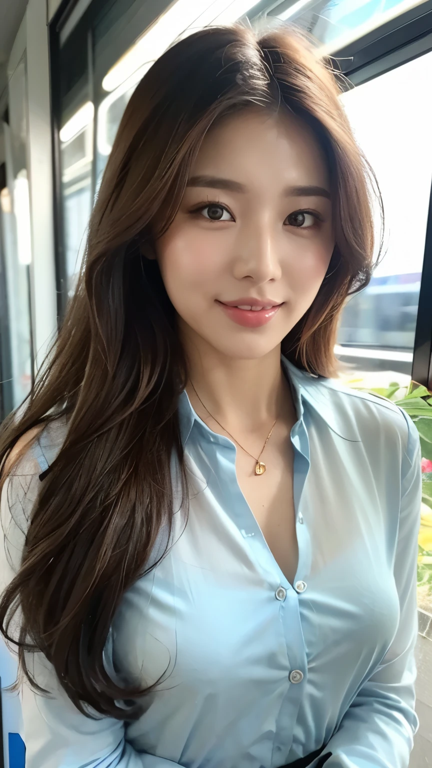 seed:2020674263.((Full body angle:1.1)).((Highest quality, 8K, masterpiece:1.3)), ((from below:1.1)).concentrated:1.2, Perfect body beauty:1.4, Hips:1.2, ((Delicate Hair)), (Colorful button-through crop shirt :1.1) , ((Highest quality、8k、masterpiece:1.3))、1 Girl、A sloppy smile、Esbian all over、Slim face、Big Boobs、Beautiful woman、(Dark Brown Hair)、Long Hair、1.1、Flickering Valley、Detailed eyes、double eyelid、Blurred Background、超Slim face、Smile、Looking down、stroll、