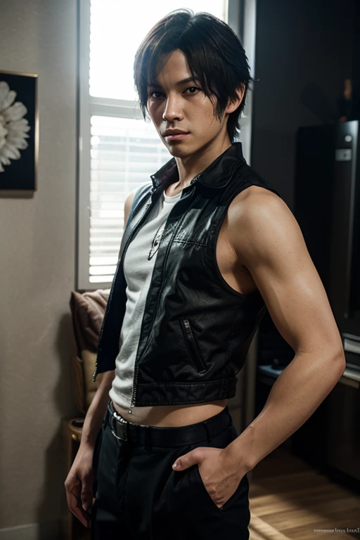 an adult guy, disheveled black hair, slanted black eyes, white skin, with a black tank top, loose sweatpants, marking the large masculine bulge he has, Counterfeit-V3.0