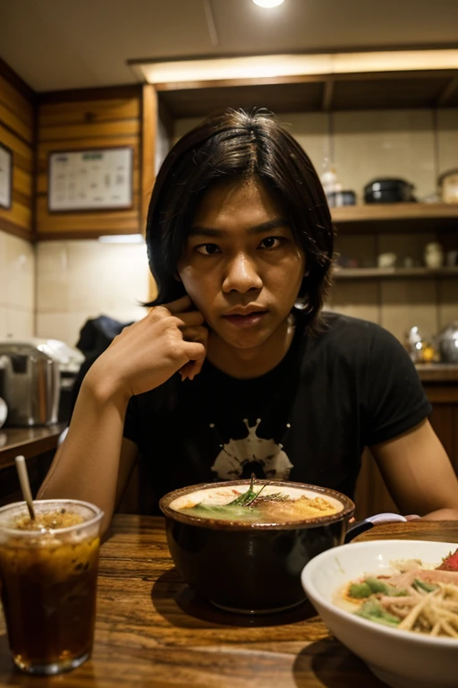real photo. young man Indonesian face. wearing a black nirvana t-shirt. smile. his face and blue eyes were bruised as if he had been beaten. having breakfast with side dishes of rice and vegetables at the dining table in the morning.
.Ultra-realistic 8K photograph, shot with a Leica Q2, strong color contrast and sharp clarity --quality 2 --