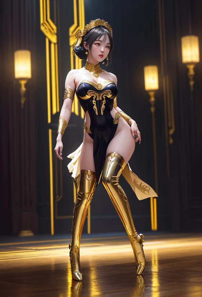 A woman dressed in gold poses on stage, elegant gold body, full-body xianxia, a beautiful fantasy empress, in a gold one piece swimsuit, gold body, The goddess of gold, posing in leotard and tiara, golden corset, a golden halo, elegant floating pose, Oriental fantasy, wearing shiny gold catsuit, --auto