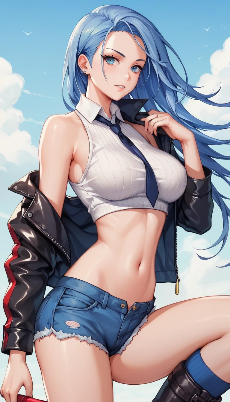 1girl, smile, v, blue hair, blue eyes, open jacket, bikini, midriff, street, against wall, jeans, wallpaper