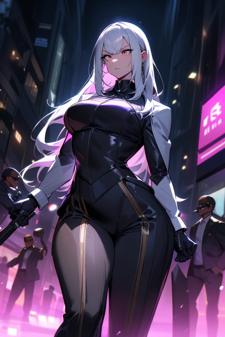 1woman, tall, large chest, long silver hair ponytail. glasses, sharp green eyes, wearing a black assassin suit, katana and handgun. night, moon, city.