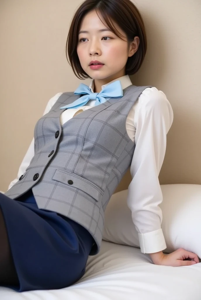 (8K, Raw photography, top-quality, masterpiece:1.2), master piece, best quality, illustration, Super detailed, fine details, High resolution, 8K,wall paper, perfect dynamic composition,(Details High quality, realistic depiction of eyes:1.3), ((1 school girl)), The background is a luxury hotel room、High school girl uniform、blazer 、Super Short Check Uniform Skirt、Navy blue high socks、garterbelts、Colossal 、Disturbed uniform, Play with each other,Touching each other's bodies,Touching the body of the girl next door, short bob hair, black hair color, huge breasts, Big Natural Color Lip, bold sexy pose, (perfect body shape), crying a little、Beautiful makeup,glitter makeup,Cutest 18 years old, beautiful legs, hposing Gravure Idol, Voluptuous thighs