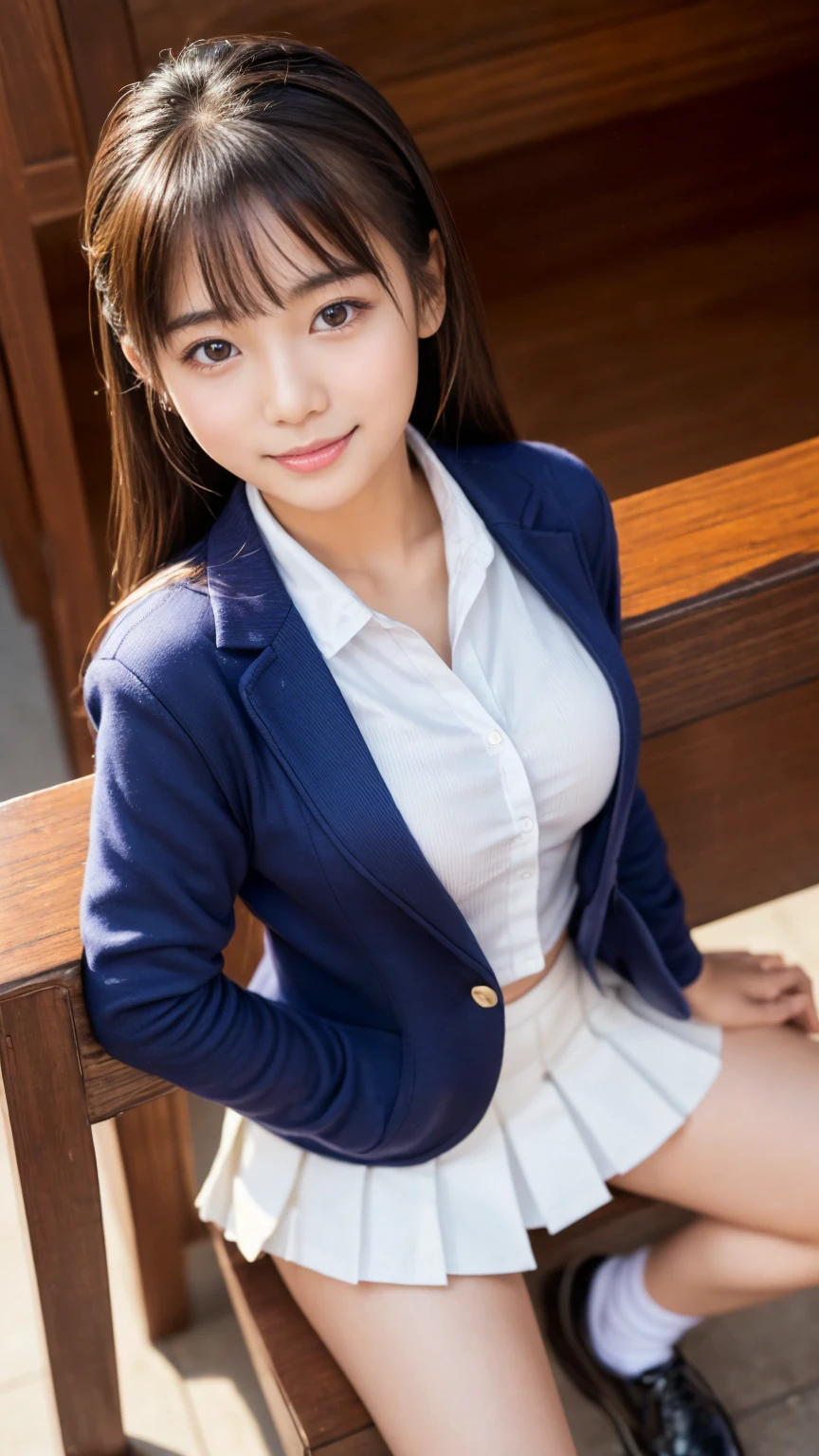 masutepiece, Best Quality, 8K, 15 year old, small tits、((Big eyes))、Raw photo, absurderes, award winning portrait, Smile, Solo, Daytime, Idol face, Delicate girl, Upper body, Digital SLR, Looking at Viewer, Candid, Sophisticated, Thin arms, soft light rays、Professional Lighting,  chromatic abberation, (Eyes and faces with detailed:1.0), ((NSFW:1.7、realisitic))、1girl in, ((Female Student Uniforms)), Look at viewers, Young Face、Satisfied look, (( Opening legs、Open your legs、Crotch main)),Putting out the chest、‎Classroom、tits out、small tits