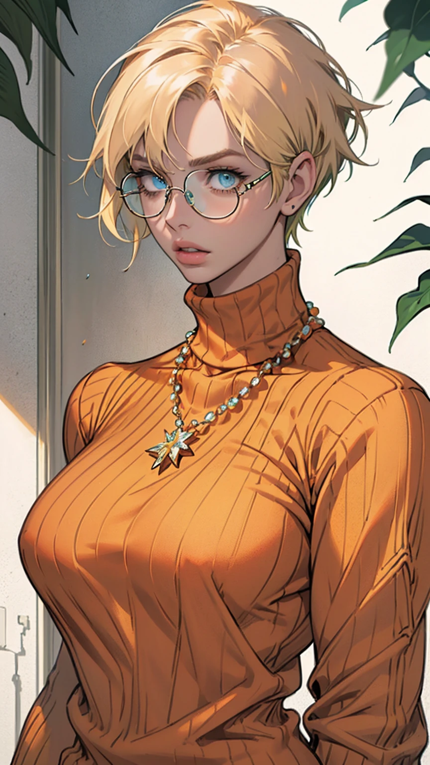 (masterpiece, Highest quality) One girl, Ashley Graham RE, alone, chest, View your viewers, short hair, blue eyes, shirt, Bare shoulders, jewelry, medium chest, Green Eyes, Upper Body, Blonde, parted lips, No sleeve, necklace, sweater, lips, turtleneck, Bobcut, ribbed sweater, Realistic, nose, No sleeve turtleneck, orange shirt, orange sweater,Glasses,