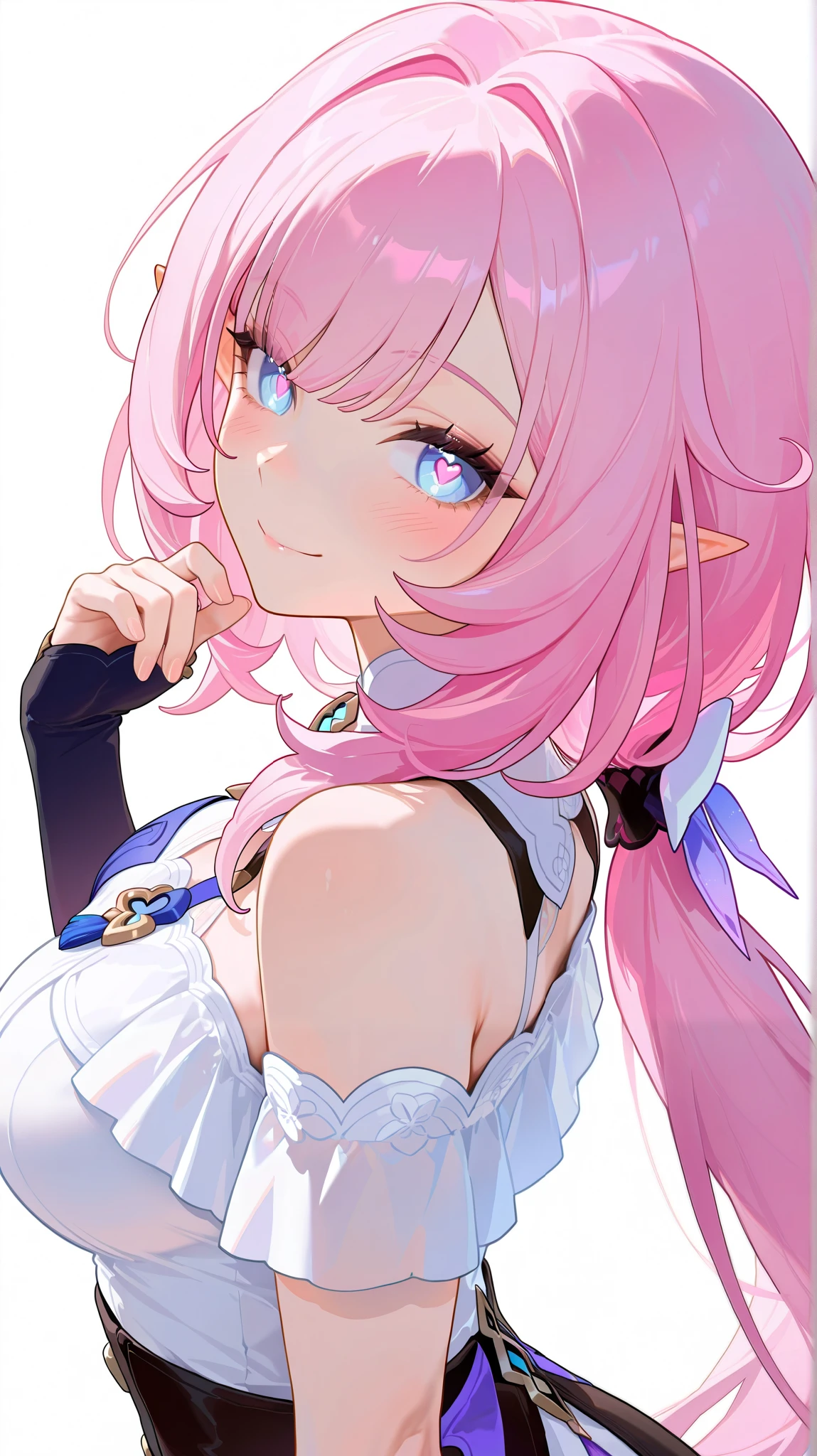 masterpiece, top quality, best quality, official art, beautiful and aesthetic:1.2),(8k, best quality, masterpiece:1.2), (((masterpiece))),(((best quality))),(((extremely detailed))), illustration, who, (masterpiece, top quality, best quality, official art, beautiful and aesthetic:1.2),(8k, best quality, masterpiece:1.2),  elysia (honkai impact) , Elys, thigh boots , black footwear , Ely_Def , pointy ears , long hair , low ponytail , pink hair , blue eyes, white background, simple background, 1girl, solo, pink hair, heart, smile, breasts, pointy ears, looking at viewer, long hair, blush, white background, dress, bare shoulders, closed mouth, large breasts, white dress, simple background, upper body, ponytail, blue eyes, from side, pink pupils, off shoulder, elf, looking to the side, symbol-shaped pupils, off-shoulder dress, hand up