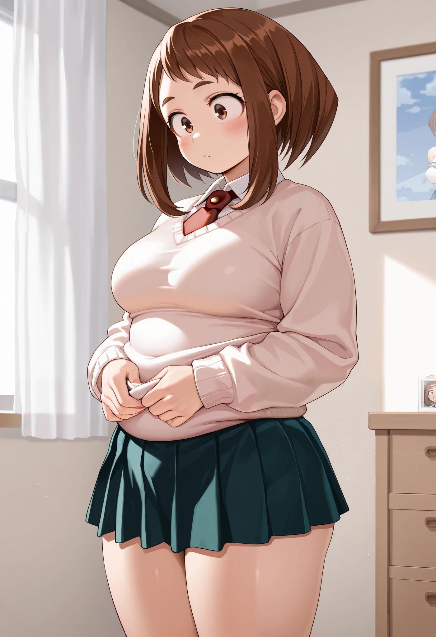 Masterpiece, 8k quality, extremely detailed, clear face, ochako uraraka, bedroom background, medium breasts, plump body, school uniform, sweater, ribbon, short skirt