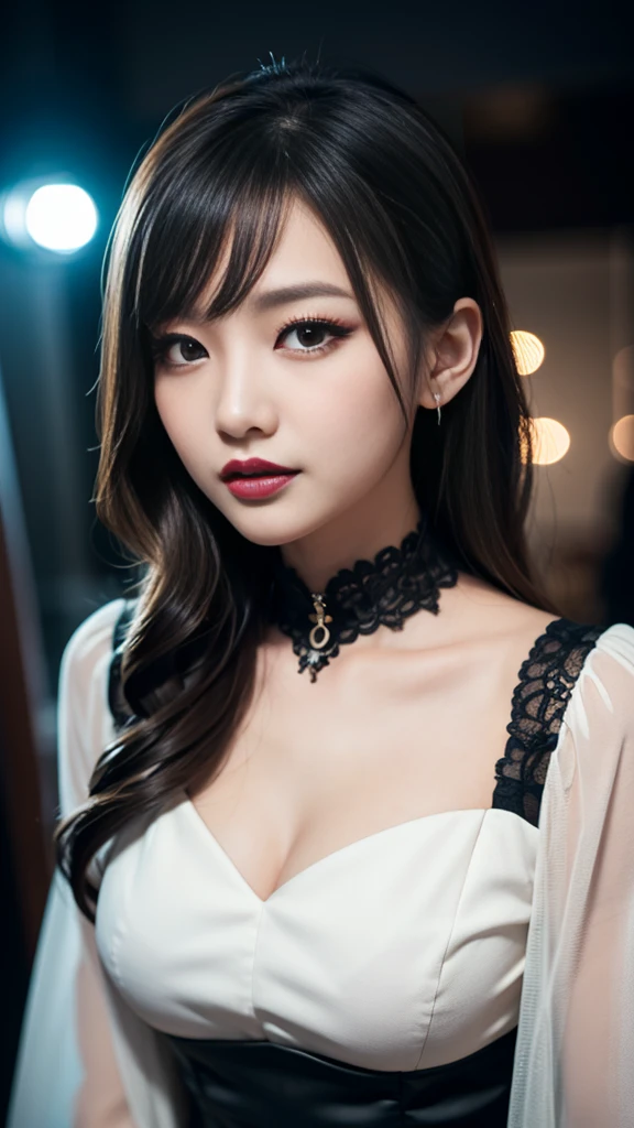 Best image quality、8K、Ultra-high resolution:1.5、Japanese、Delicate eyes、Sensitive face、Attractive face、Japanese、woman、ponytail、Scrunchie、chandelier、whole body、Black Dress、tiara、necklace、Long black lace gloves