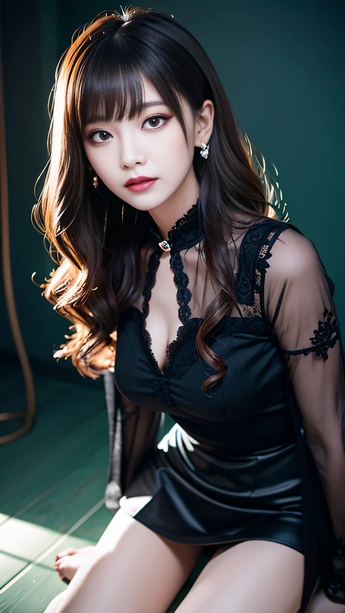 best quality、ultra-detailed、4k、Japanese、Seductive beauty、seductive adult woman、Pretty Woman、cool girl、Villainess、Brainwashed、brainwash、Fallen into evil、smirk、Evil look、Wicked Smile、evil、Brown hair、wavy hair、swept bangs、dark makeup、dark makeup、piercing eyes、hollow eyes,half-closed eyes、Hollow Eyes、purple Eyeshadow、black lipstick、black lipglos、pantyhose、night、inside darkroom、Are standing、shoot from below、Have lipstick、Emblem of Evil、Crest of Darkness、Swear allegiance、I have pledged my allegiance、Dye black、Blackening、Stained with evil、Dyed in darkness、Seduce
