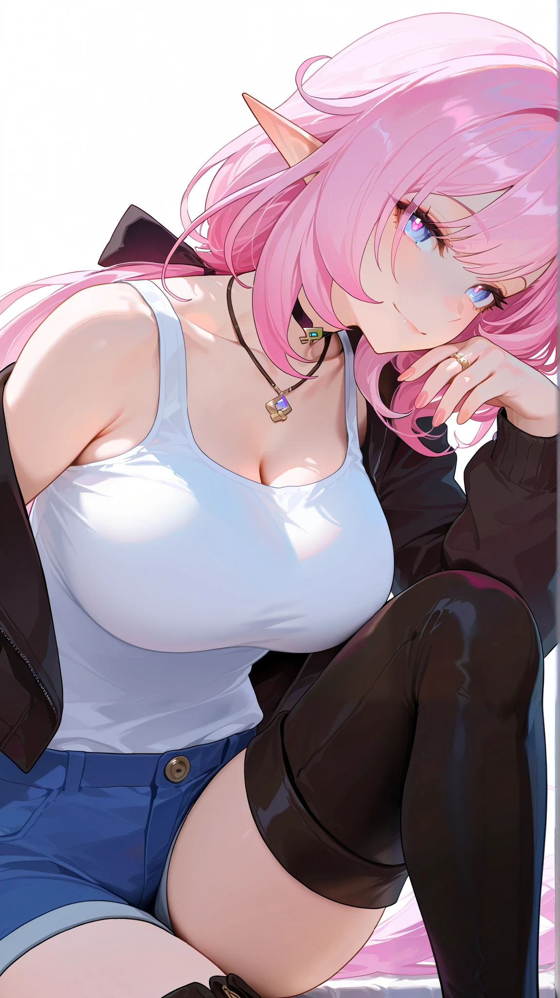 masterpiece, top quality, best quality, official art, beautiful and aesthetic:1.2),(8k, best quality, masterpiece:1.2), (((masterpiece))),(((best quality))),(((extremely detailed))), illustration, who, (masterpiece, top quality, best quality, official art, beautiful and aesthetic:1.2),(8k, best quality, masterpiece:1.2),  elysia (honkai impact) , Elys, thigh boots , black footwear , Ely_Def , pointy ears , long hair , low ponytail , pink hair , blue eyes, white background, simple background, 1girl, breasts, solo, pink hair, pointy ears, long hair, large breasts, smile, close-up, jacket, black jacket, jewelry, shorts, pink eyes, closed mouth, sitting, elf, choker, collarbone, long sleeves, tank top, white shirt, cleavage, thighs, necklace, ring, hair ornament, off shoulder, nail polish, blue shorts