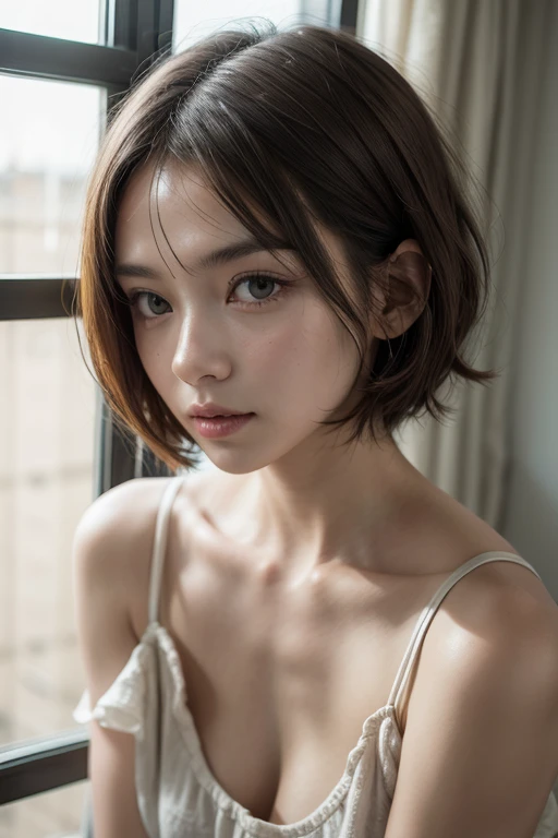 ((Highest quality, 8K, masterpiece :1.3)), (Sharp focus :1.2, Beautiful woman with perfect figure :1.4, Slim Abs :1.2), ((Big Breasts, Emphasize cleavage:1.3)), (Photorealistic:1.4), (realistic:1.4), (Short Bob Hair, Light brown hair:1.5), Highly detailed face and skin texture, Fine grain, double eyelid. Makeup face, A little bit of lipstick, sex appeal, Sexy gravure pose, ((:1.3)