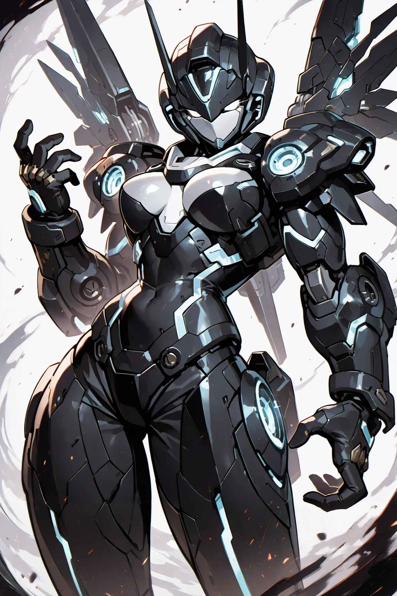 solo, silhouette, shadow of Female Mecha Suit, Masculine character, In A Black Mech with white details, wallpaper quality, on a loading screen, solo, aura, (((From waist up))), ((Chest up)), (Female Body, Mechanical Appearance), sinister stare, neon lighting, glowing trimming, glowing edges, White Mech Eyes, White sclera, glowing eyes, (Female Aesthetic:1.5), Mecha Suit, masterpiece, Female Mech, plain white background, correct anatomy, correct hands, best quality,