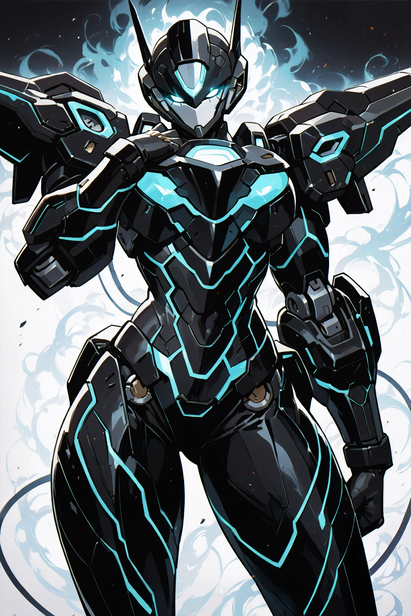 solo, silhouette, shadow of Female Mecha Suit, Masculine character, In A Black Mech with white details, wallpaper quality, on a loading screen, solo, aura, (((From waist up))), ((Chest up)), (Female Body, Mechanical Appearance), sinister stare, neon lighting, glowing trimming, glowing edges, White Mech Eyes, White sclera, glowing eyes, (Female Aesthetic:1.5), Mecha Suit, masterpiece, Female Mech, plain white background, correct anatomy, correct hands, best quality,