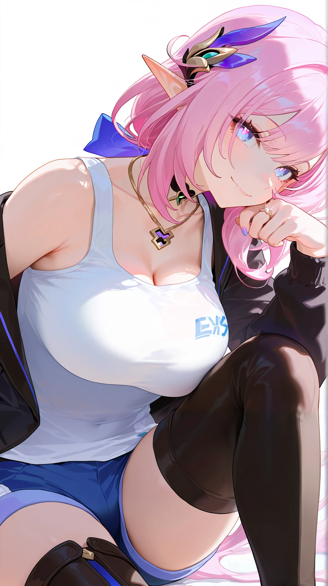 masterpiece, top quality, best quality, official art, beautiful and aesthetic:1.2),(8k, best quality, masterpiece:1.2), (((masterpiece))),(((best quality))),(((extremely detailed))), illustration, who, (masterpiece, top quality, best quality, official art, beautiful and aesthetic:1.2),(8k, best quality, masterpiece:1.2), elysia (honkai impact) , Elys, thigh boots , black footwear , Ely_Def , pointy ears , long hair , low ponytail , pink hair , blue eyes, white background, simple background, 1girl, breasts, solo, pink hair, pointy ears, long hair, large breasts, smile, close-up, jacket, black jacket, jewelry, shorts, pink eyes, closed mouth, sitting, elf, choker, collarbone, long sleeves, tank top, white shirt, cleavage, thighs, necklace, ring, hair ornament, off shoulder, nail polish, blue shorts