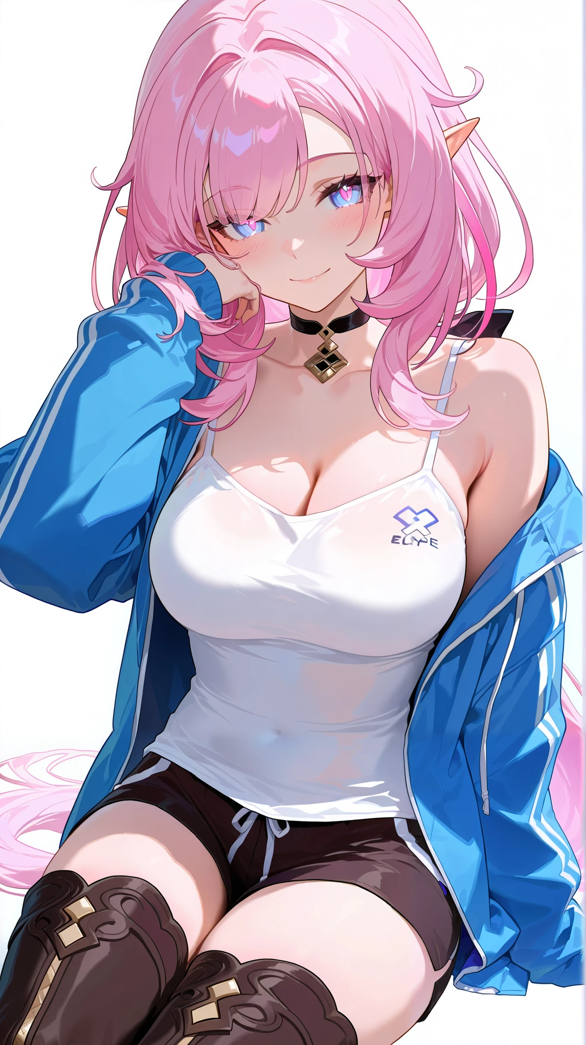 masterpiece, top quality, best quality, official art, beautiful and aesthetic:1.2),(8k, best quality, masterpiece:1.2), (((masterpiece))),(((best quality))),(((extremely detailed))), illustration, who, (masterpiece, top quality, best quality, official art, beautiful and aesthetic:1.2),(8k, best quality, masterpiece:1.2), elysia (honkai impact) , Elys, thigh boots , black footwear , Ely_Def , pointy ears , long hair , low ponytail , pink hair , blue eyes, white background, simple background, 1girl, breasts, solo, pink hair, pointy ears, cleavage, long hair, smile, jacket, large breasts, camisole, choker, blue jacket, collarbone, shorts, sitting, black choker, elf, shirt, blush, white camisole, long sleeves, jewelry, multicolored hair, pink eyes, white shirt, black shorts, purple eyes, open jacket, open clothes, alternate costume, white tank top
