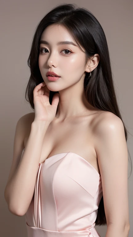 Ultra HD resolution，top quality，clear eyes，with Korean make-up，nude eyeshadow color " lip gloss，cherry lips, is a perfect face，White skin，perfect ，modelling ，Slender legs，black dress short not thigt ，wavey long hair, light brown hair, light brown wavey hair, blue eyes, beautiful blue eyes, Russian beauty ，White background，magazine cover, magazine cover, modle, idol ، full body, vogue magazine cover, full body, standing, very long hair, brighter hair, calm eyes, angelic beauty 