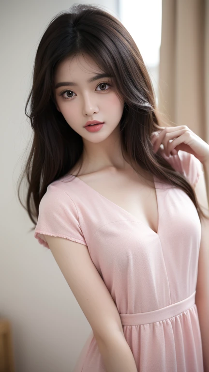 there is a woman sitting on a bed with a pink dress, wearing a cute top, dilraba dilmurat, korean girl, violet tight tanktop, wearing tanktop, heonhwa choe, 1 8 yo, amouranth, gorgeous young korean woman, young and cute girl, ruan cute vtuber, purple top, sakimi chan