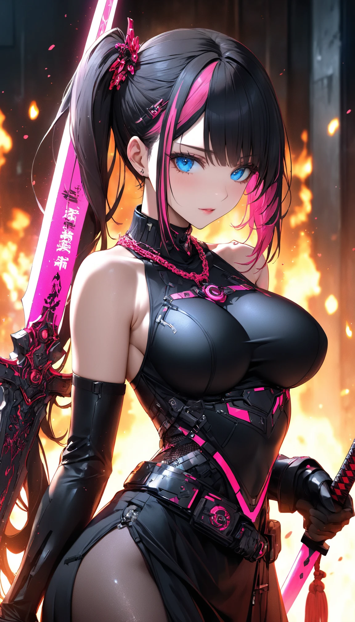 (Very delicate and beautiful:1.2)super model,,Beautiful breasts,voluptuous,【bike shorts】,,Highest quality, High resolution, 8k,mini skirt.cyber punk.Mechanical Sword