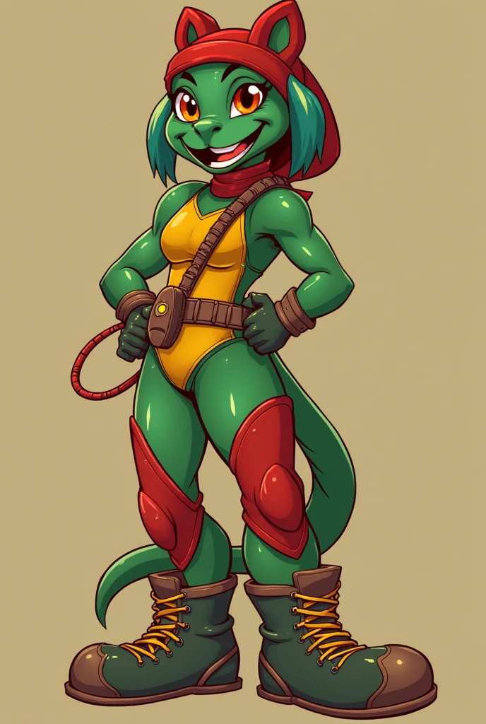 a mutant green skin buff,muscular woman wearing a ninja suit ,thick, lizard, 90’s style. She’d androgynous,equipped with some weapons and a sensual , cool expression,full body.The scene has a cool,sweet,sexual,stargate style and a vibrant tone. Modern setting in the background