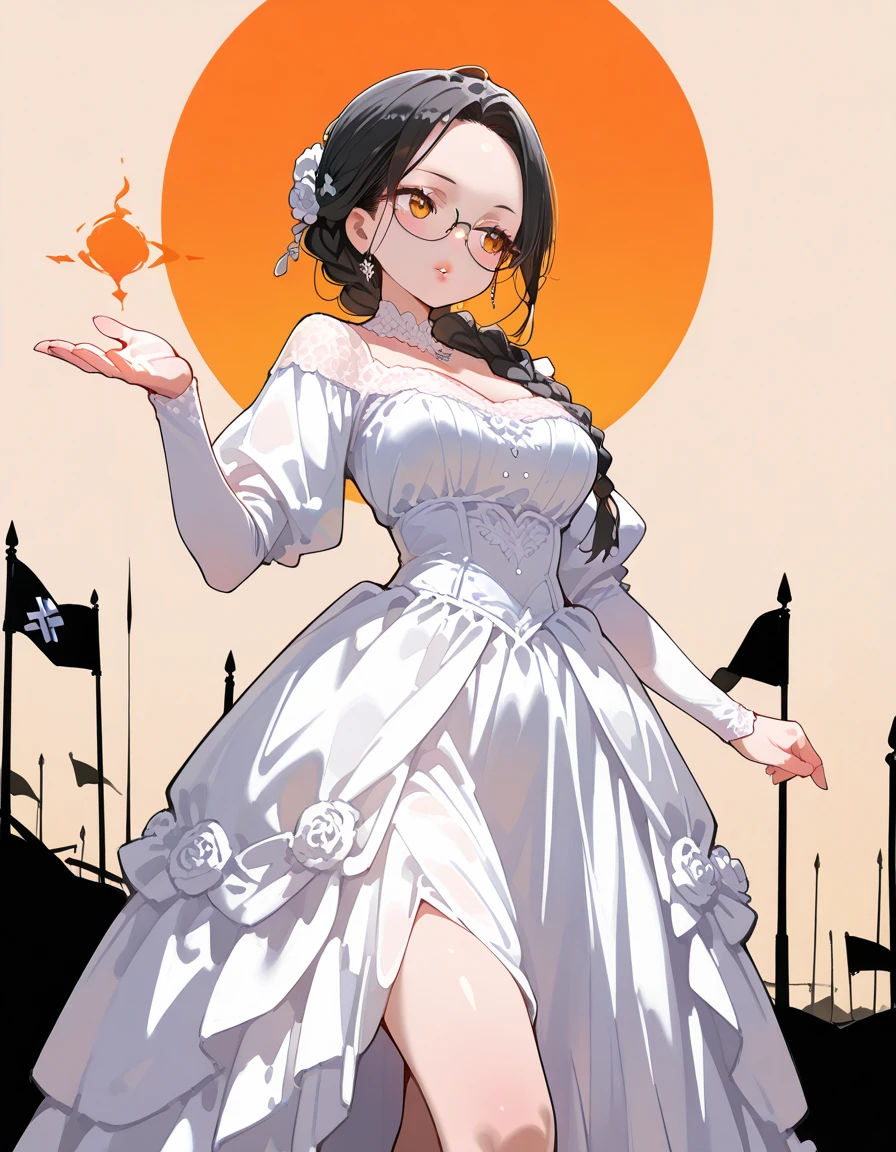 A mature and youthful anime woman, seductive and elegant personality, in a long red and white classy gown, with long sleeve and a really long train attached to her dress, and she is also wearing a hat, pose with a portrait like image, her shoulders up, one hand holding a rose, the other hand stroking her chin gently, and facing towards her from the her back view 