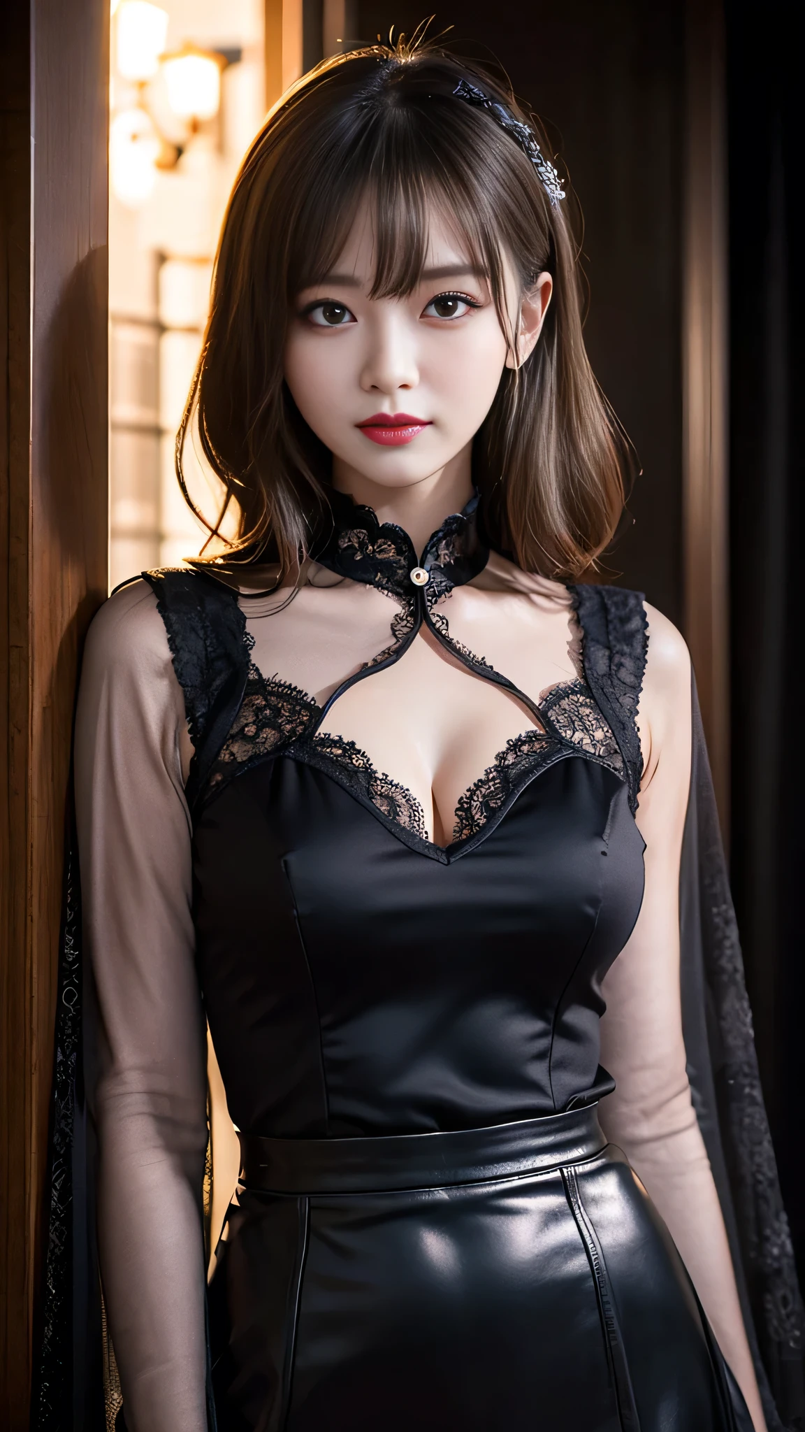(((masterpiece))), (((highest quality: 1.4))), ((Very detailed: 1.4)) , ((Full Body Shot)), (Shot from the side), (See-through:1.3), ((One Woman)), Incredible beauty、Voluptuous mature woman、((choker、See-through lace dress、Ultra-realistic shiny black pantyhose))、 Perfect look，double eyelidの目，Delicate makeup，Cool Beauty,　Accurately expresses details such as face and skin texture,(The most beautiful face and eyes), double eyelid,Delicate skin,