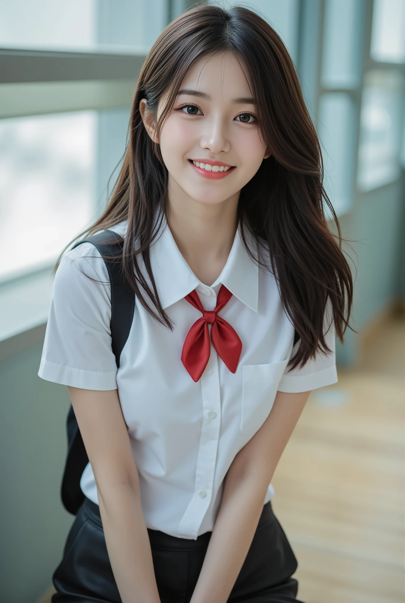 ((masterpiece, top quality, best image quality, high resolution, photorealistic, RAW photo, HIGHLY DETAILED CG INTEGRATED 8K Wallpaper)), 1 girl, Alone, A BEAUTIFUL YOUNG WOMAN, 18 years old, realistic skin texture, shiny skin, girls, uniform, perfect body, natural big breasts, Satisfied smile ,