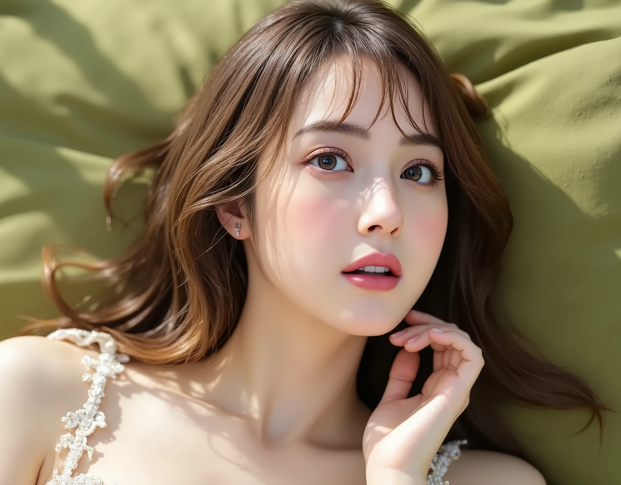 NSFW, (Highest quality), (Ultra-precise CG 16K wallpaper), (Realistic), (High saturation), (Sharp), Beautiful detailed shading, Beautiful natural lighting, Beautiful detail glow, (Late afternoon sunlight), Natural light, Depth of field, (Mature 24 year old woman, One person), (Very beautiful Japanese face), (Sasaki Nozomi), (Soft wavy long hair with bangs), (Shiny brown hair), (Sparkling eyes), (C cup size breasts, cleavage), (Beautiful breasts), (Beautiful legs), (Beautiful skin), Beautiful proportions, (Half-open mouth, surprised face: 1.6), (The woman is looking at me), (The woman is wearing a beige lace bikini lingerie bra), (Wearing a diamond necklace), (Lying on her back pose), (Moss green bed and cushions), (Full screen image), (upper body angle of a woman), (bird's-eye view of a woman), (a woman is lying on her back on a bed, holding a cushion with both hands),