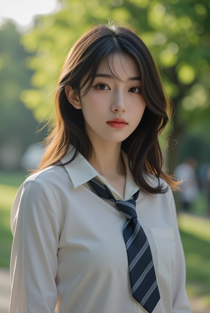 there is a young Asian woman with a red tie, standing serenely in a lush green field; a soft, portrait shot in 8k, masterfully captured using a Canon EOS R5, its sensor expertly rendering every intricate detail of her visage; the best quality, photorealistic image, a testament to the top-tier capabilities of this modern camera; the RAW photo, untouched by post-processing, preserving her natural beauty in ultra-high definition; her youthful face, with its elegantly defined features, captured in a Canon EOS R's 8k resolution, the details of her pores and fine lines meticulously etched for all