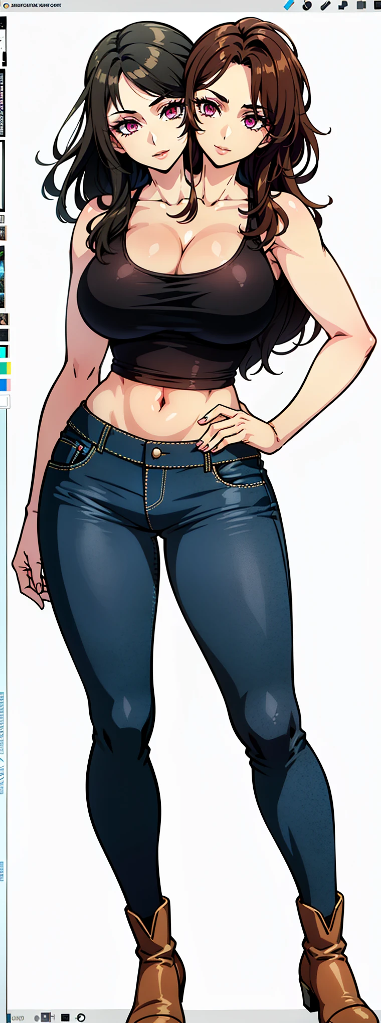 (masterpiece),(ultra-detailed), (high quality), (high resolution), (best quality:1.5, highres, UHD), highres, absurdo, ultra detail, ultra quality, ((2heads:1.5)), 1girl, (ponytail), (black hair),(brown hair), cleavage, thighs, (black tank top), gorgeous female, seductive silhouette, smooth and lustrous skin, sexy proportions, slim legs, ((beautifully tall and slim woman)), demin jeans, gentle smile, ((midriff)), pink eyes, boots, crop top, full body