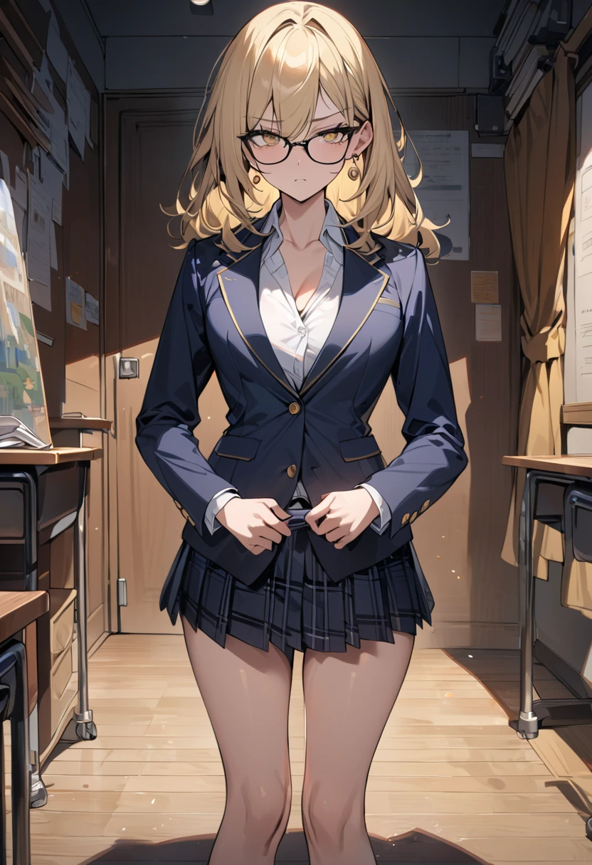 (masterpiece:1.3), High resolution, Super detailed, Highly detailed CG Unity 8k wallpaper, Realistic, photo-Realistic, RAW Photos, Beautifully detailed face, Pale skin, Realistic glistening skin, Detailed cloth texture, Detailed hair texture, Perfect body, Beautiful Face, Accurate, Anatomically correct, Highly detailed face and skin texture, Natural neck length, (Beautiful Hands), (Fair skin:1.2), Thin legs, Thin legs, 
break, 
Fine grain, Symmetrical eyes, Light brown eyes, double eyelid, Thin eyebrows, (Glossy Lips:1.4), (Smiling Kindly:1.2), 
break, 
(Browsing Caution:1.2), (Classy and cute girl:1.3), (1 girl, One Girl), ((Wearing a purple sleeveless keyhole neck midriff short sweater:1.3)), ((I can see under my chest:1.4)),  (White pleated mini skirt), (Knee-high boots), (Wear glasses:1.1), 
(Medium large breasts, Slim figure, Toned Abs, Firm breasts:1.2), Beautiful clavicle, 
(Blonde, Wavy Hair, Long Hair:1.3), ((Asymmetrical bangs:1.2)), 
break, 
((Walking near me in a stylish Japanese house:1.3)), (View your viewers:1.2), ((Focus on the face:1.2)), (Full Body Shot:1.2),