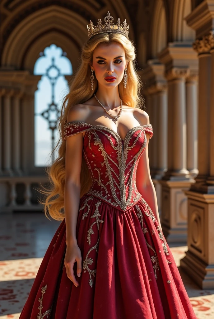 make a girl, she has long blonde hair, green eyes, very pretty, she is wearing a long red dress with golden details from the medieval era.
It is in a medieval setting and in the background there is a maritime place