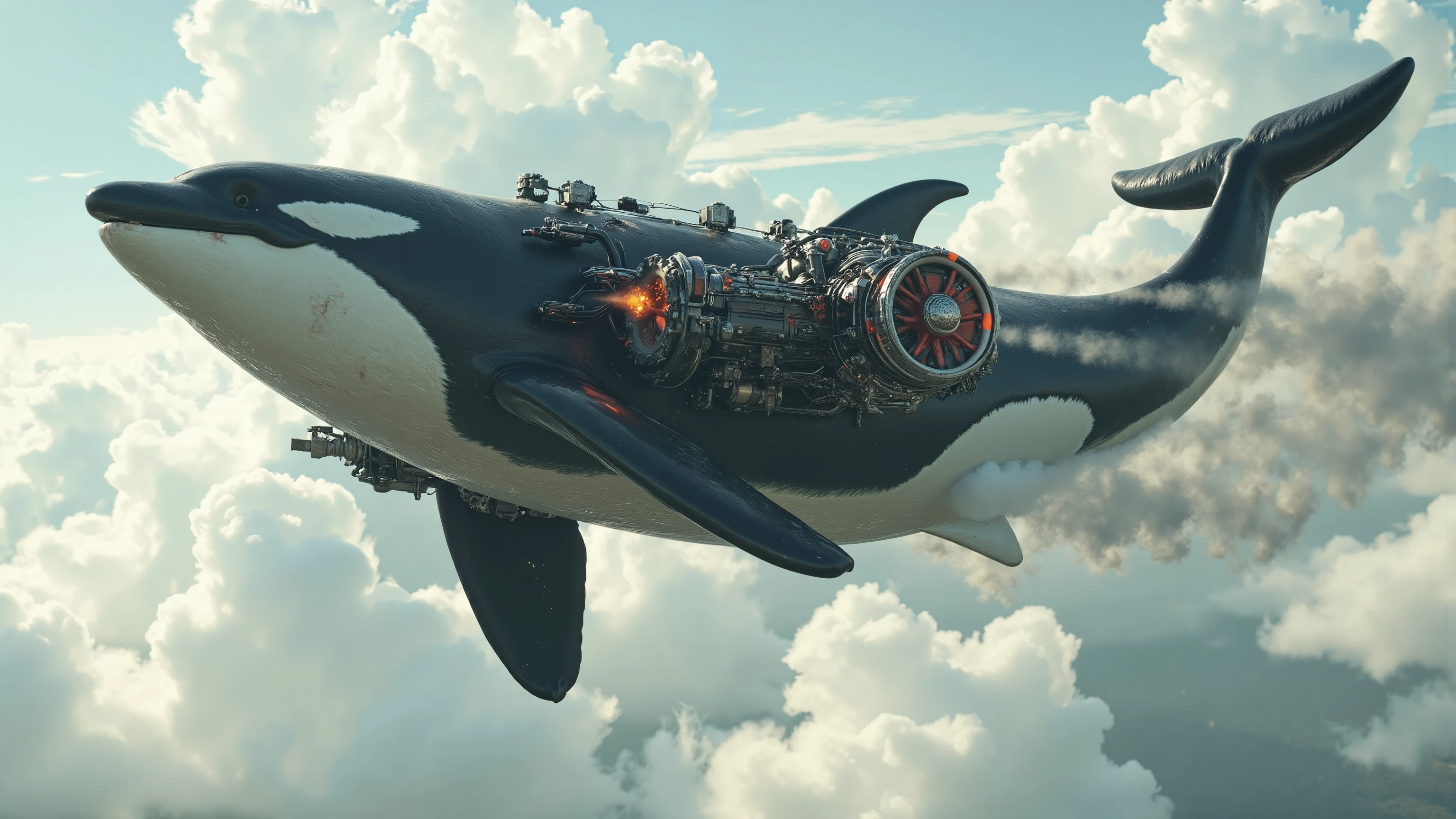 A gigantic orca whale with a large Dangerous Killer rotary propeller engine on the orca's nose, rotating the propeller blades extremely fast, speeding up the Propeller Blurring Revving emitting fire with black diesel smoke from the orca's fin, on the top of the Orca Revving like an exhaust pipe doing a burnout on the road Extremely fast begins Soaring up to the sky like an airship, ray tracing, UHD, 16k, DSLR, masterpiece, photorealistic, award-winning