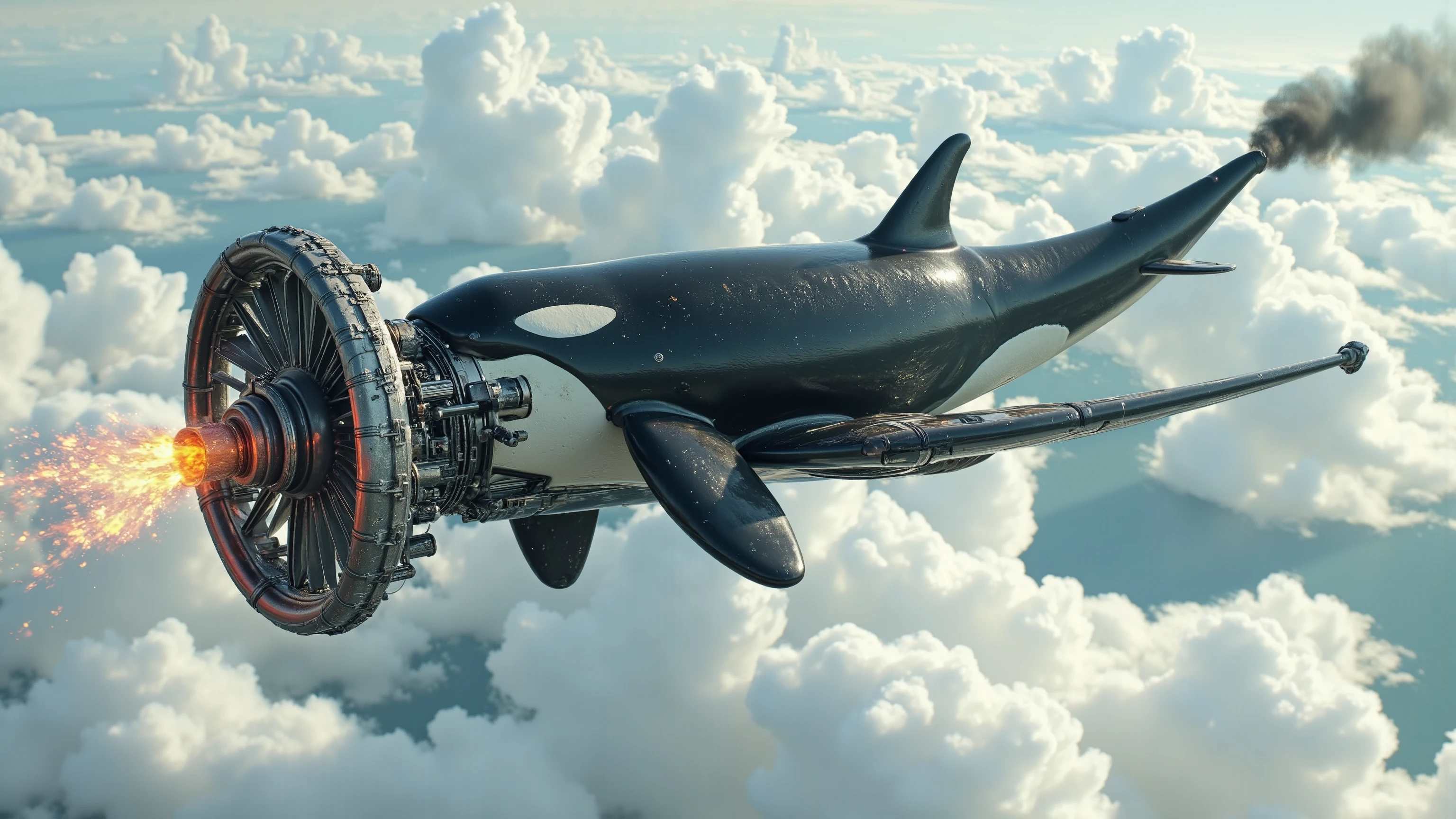 A gigantic orca whale with a large Dangerous Killer rotary propeller engine on the orca's nose, rotating the propeller blades extremely fast, speeding up the Propeller Blurring Revving emitting fire with black diesel smoke from the orca's fin, on the top of the Orca Revving like an exhaust pipe doing a burnout on the road Extremely fast begins Soaring up to the sky like an airship, ray tracing, UHD, 16k, DSLR, masterpiece, photorealistic, award-winning