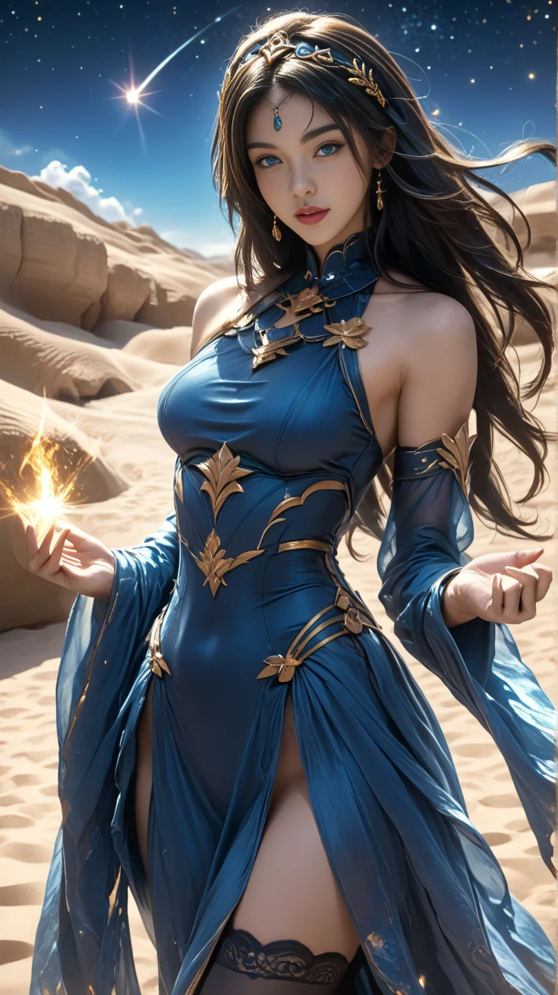 ( Absurd , High quality , ultra detailed, careful with hand )Zodiac - Sagittarius goddess , similar to latin goodness . Optimistic, fair-minded, funny and intellectual face . Reckless, cold-hearted, impatient, overconfident style . Dark blue eyes (eyes detail) , deep blue hair with bling bling , transparent dress , in the ocean with stars , whole body , fire nature , god Chiron