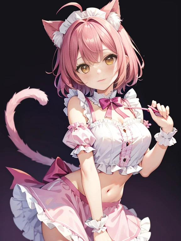 Cute girl, short white hair, pink eyes, white cat ears, white cat tail, cat collar, rosy cheeks, pink hair bow, big breasts, short skirt, white hair