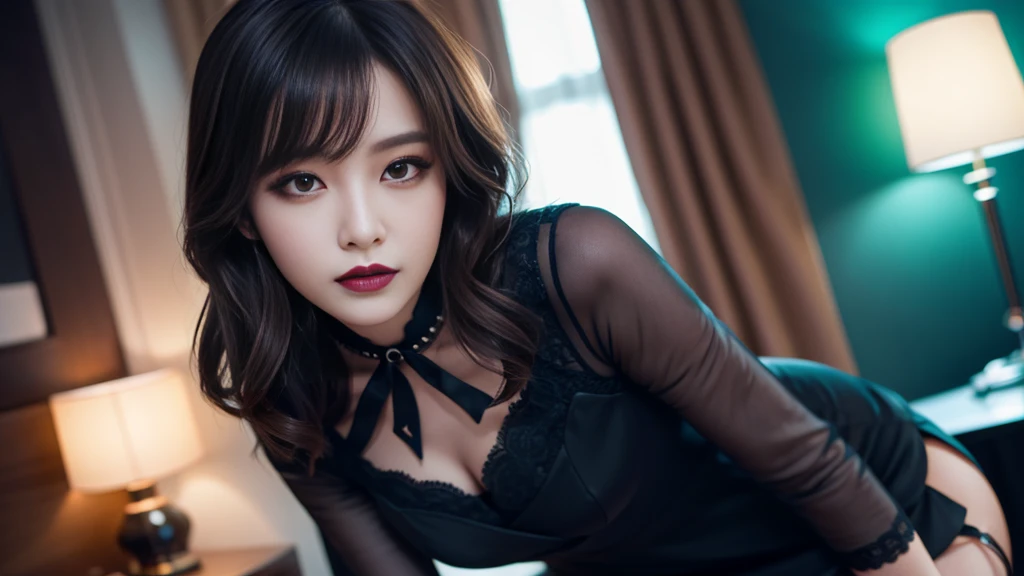 best quality、ultra-detailed、8k、Japanese、Japanese、Seductive beauty、seductive adult woman、Pretty Woman、cool girl、smirk、Wicked Smile、Villainess、brainwash makeup、Brainwashed、brainwash、Fallen into evil、Evil look、evil、Brown hair、wavy hair、swept bangs、dark makeup、piercing eyes、hollow eyes,half-closed eyes、Hollow Eyes、purple Eyeshadow、black lipstick、black lipglos、black elegant dress、wide sleeve、Black flared skirt、lace fabric gloves、Beige Stockings、skin color pantyhose、night、inside darkroom、Kiss、I have lipstick、Are standing、Look、Offer、shoot from below、Swear allegiance、I have pledged my allegiance、Female Combatant、Evil female executive、brainwashing、Fallen into evil、Fall into Darkness