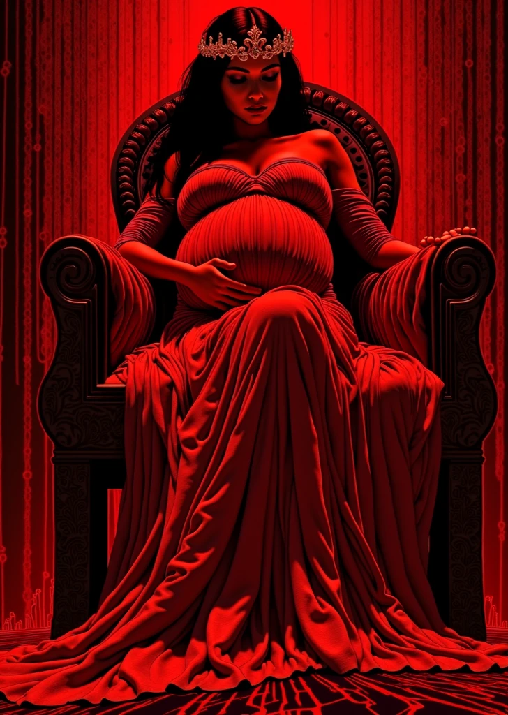 Morticia Addams nude at the old castle, pubic hair, showing pussy, black hair, perfect eyes, beautiful face, pregnant