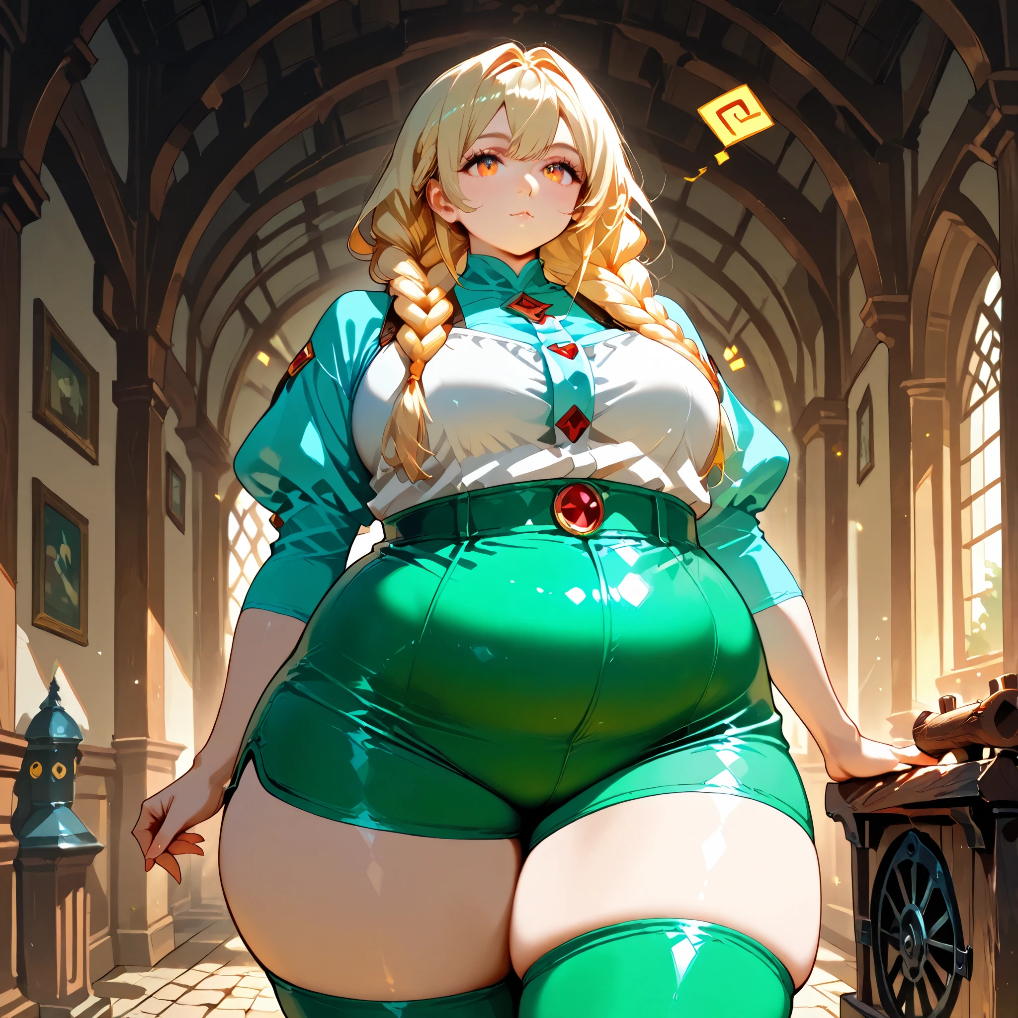 1girl, masterpiece, (aquiline nose), blonde braids, white vest, high waisted green compression shorts, at a wooden cozy mansion, narrow hips, tight thigh high socks , dynamic pose (curious emotions), love handles, chubby belly