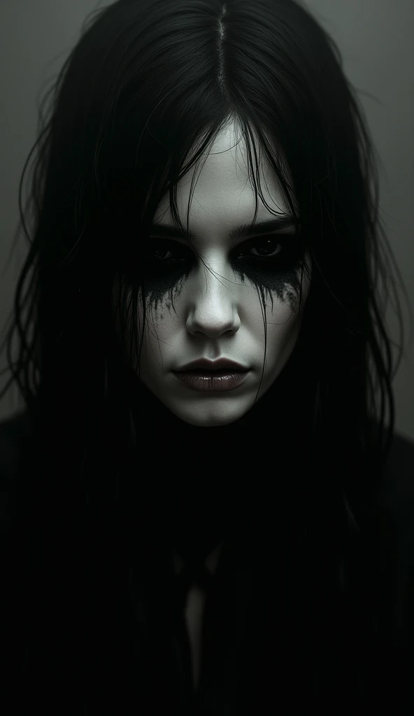 Realistic young woman with black lips dark brown skin mahogany hair bleeding in the dark