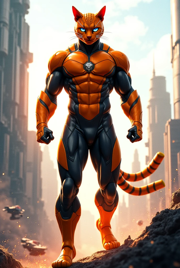 ((best quality)), ((masterpiece)), (detailed), 1 man, full body, 54 years old, senior citizen, masked, eye mask, orange mask that covers half of his face, spiked mask, evil smile, metal goblin ears, gremlin, yellow cat eyes, white hair sticking out of the top, mohawk, brown collar, tall, very thin, hunched over, long metal claws, spikes on his forearms, brown details, brown fingerless gloves, orange wristbands, orange nanotech suit, light armor, orange chest with an emblem, high shoulder pads, orange suit with brown stripes, brown tiger stripes, triangle emblem on his chest, orange emblem, orange pants, orange knee pads, metallic orange boots, metallic orange shoes, brown superhero belt, standing on a building, city background, anime
