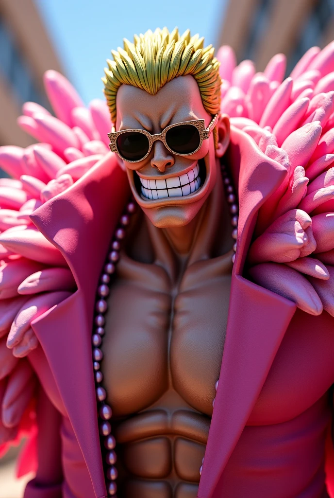 Doflamingo lying on a bed nude, deatiled penis, muscled, veiny body, tall man, feet, detailed feet, detailed face