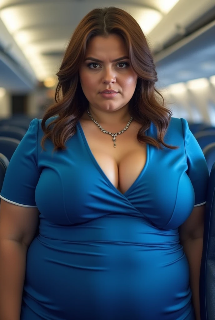60 year old woman wearing a sexy flight attendant dress at the airport gate with a beautiful face, beautiful body and big body, sexy full body, big body