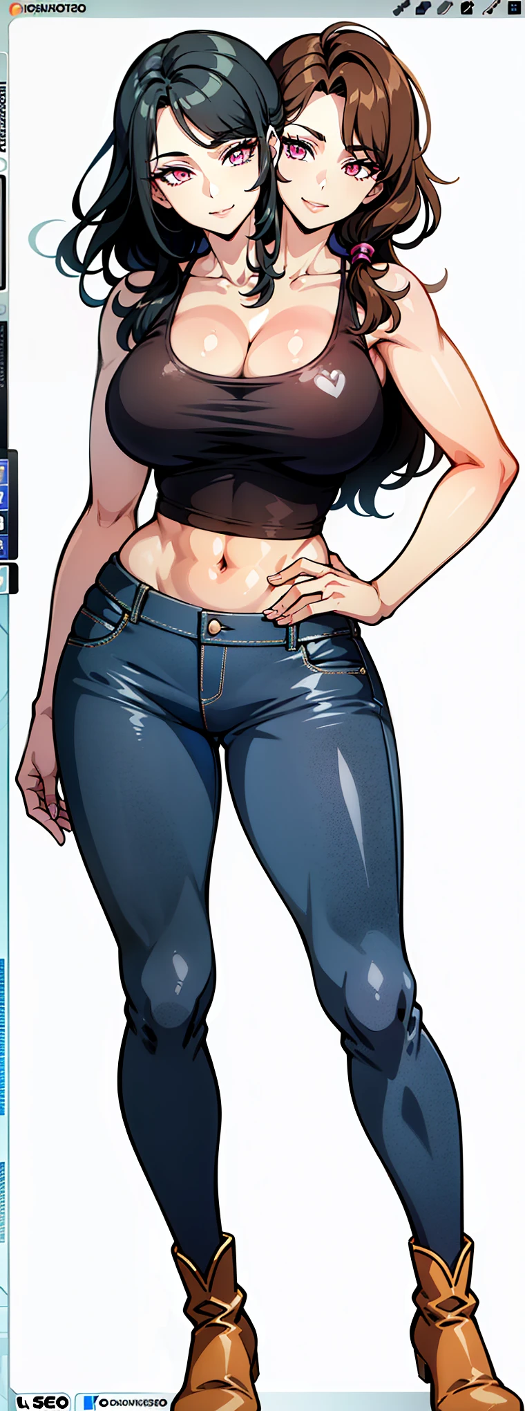 ((best quality)), ((masterpiece)), (detailed), perfect face, brown skin anime girl in a deep V Neck backless cami Top, (jeans trousers), famished in hunger, (gently resting hands on stomach), (long hair), (hands on her stomach)