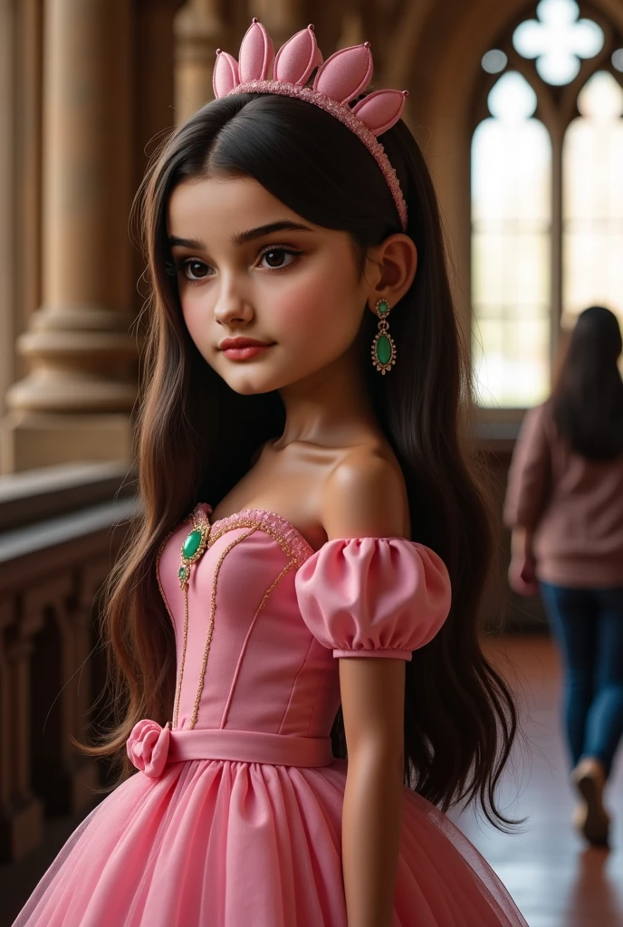 an 8 year old child, long black hair, Brown eyes, Princess dress, and headdress, In a fantasy city