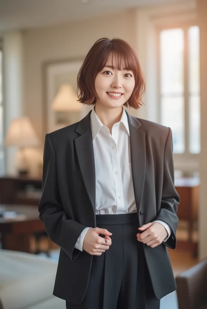 Raise your hand,In-house、Wearing a business jacket,Wear a shirt,look at the camera with a smile、（Panties:1.5）、woman, 20-year-old, Short Hair,私のPantiesを露出させてください...、(レースのPantiesー)、(Tilt your head a little)、Detailed skin、Detailed skin、Detailed Sweat