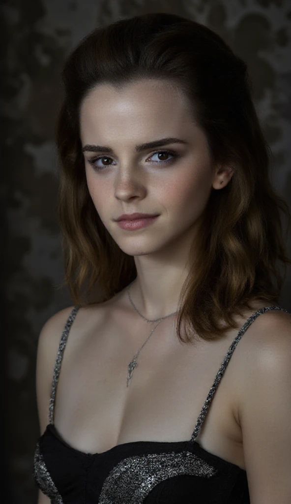 ((Emma watson)) blue eyes, 18 years old, (Chained), Sex slave, sexy slit dress, dark room, topless