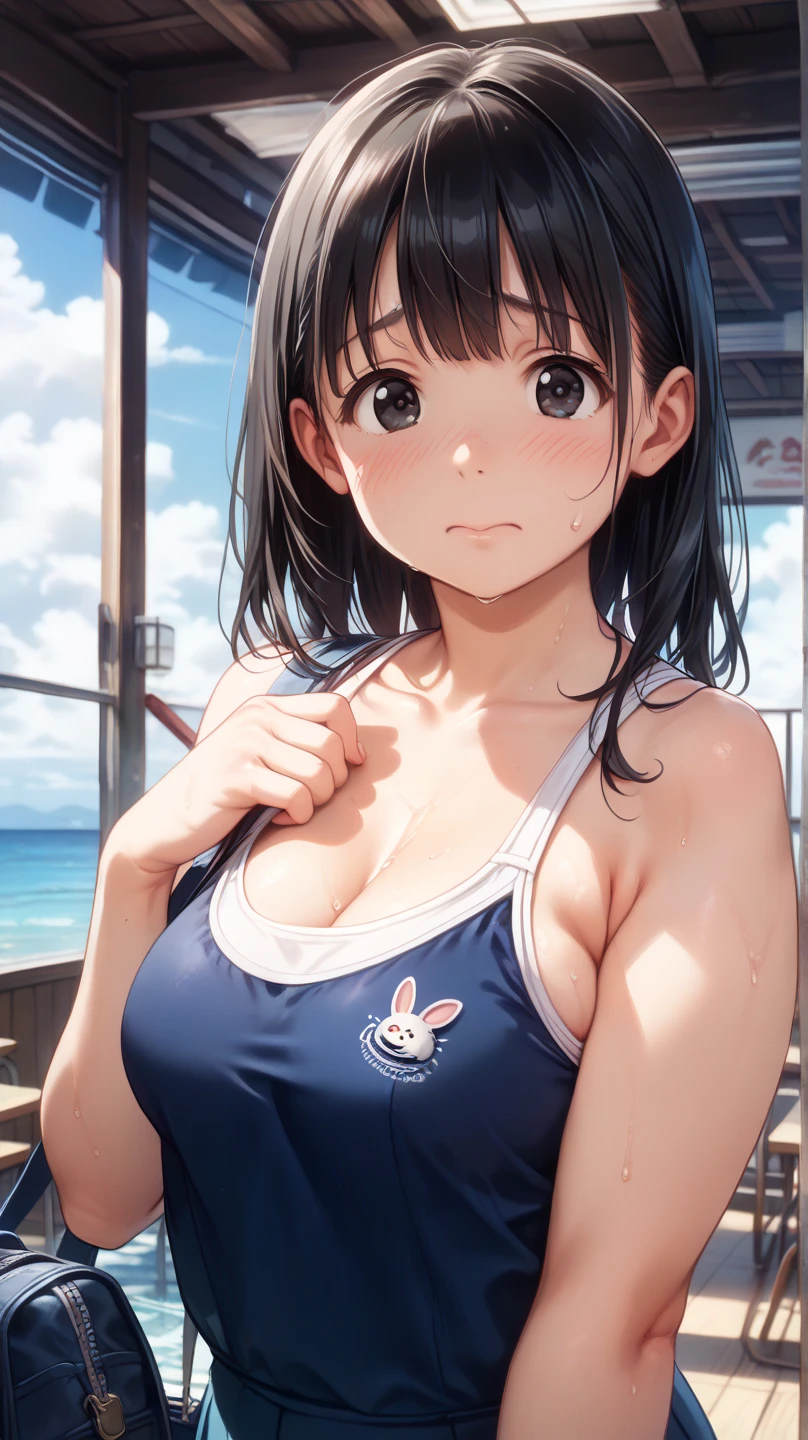 A slightly lower view、Embarrassed、Big breasts,、Tight competition swimwear、NUDE,Silver Hair、Pretty blue hair ribbon 、1 girl with light blue eyes、Clear skies、School Swimsuit、Mature woman、Leaning forward、Tight competition swimwear姿の女の子1人、Curly hair、Medium Bob、Floating nipples、Black Hair