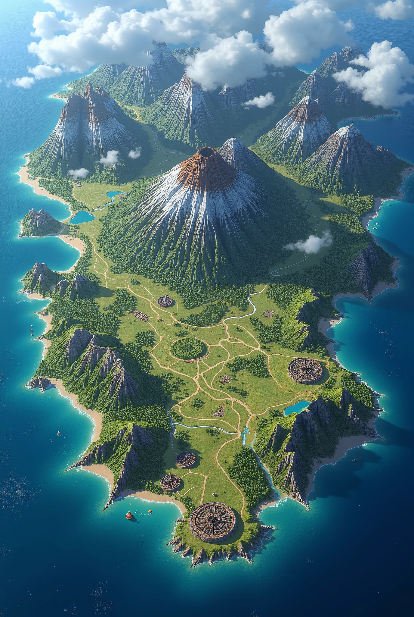 The image features a stunning illustrated map of a large island or continent, surrounded by blue waters and filled with a variety of natural landscapes. The map has a realistic artistic style with touches of fantasy, ideal for a fictional RPG world, fantasy stories or open world games. Main Map Elements: Mountains and Ranges: Several mountain ranges surround the island, especially to the north and southwest. The peaks are covered in snow, suggesting high altitudes. Some mountains have clouds around their summits, adding a majestic and mysterious air. Rivers and Lakes: Several rivers cut through the island, connecting different regions and emptying into the ocean. There are several lakes and sea arms that form small archipelagos. The main river appears to flow from a large central caldera. Plains and Forests: Most of the land is covered by vast green areas, which include plains, valleys and dense forests. Some areas feature circular patterns of paths, suggesting ancient settlements or cities. Central Volcano: In the center of the island is a massive volcanic caldera, surrounded by hills and a winding river that winds around it. The volcano appears to be extinct or dormant, as there are no signs of active lava. Roads and Settlements: Several paths and roads connect different parts of the island. Some areas have structures in circular patterns, suggesting ancient cities or ruins. There is a large circle of roads in the east of the island, possibly indicating a place of historical or mystical importance. Coastlines and Smaller Islands: The coastline is irregular and jagged, with several peninsulas and bays. Small islands dot the surrounding waters, some rocky and others covered in vegetation. General Atmosphere: The map has a vibrant and immersive atmosphere, with a richly detailed design. Lighting and shadows create a three-dimensional effect, giving depth to the mountains and rivers. The clouds partially covering the mountains and parts of the landscape add a dynamic