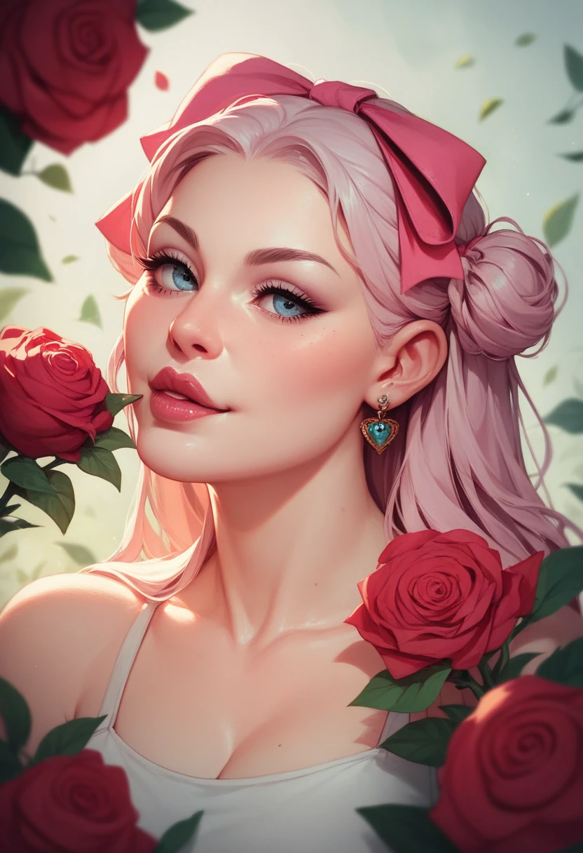 A long-haired, fair-skinned woman with a beautiful face that everyone must look at with a bright red rose is a cartoon.